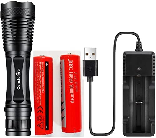 Constefire Super Bright High Lumen Tactical Flashlight and 2PCS 3.7V High Capacity Rechargeable Battery+Batteries Charger,Zoomable, Water Resistant, 5 Modes Handheld Flashlight