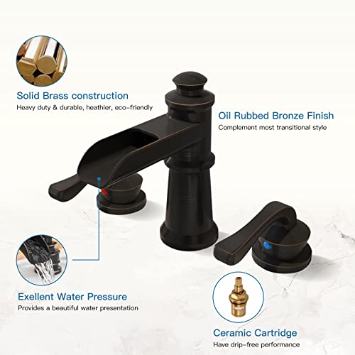 Bwe Waterfall Widespread Bathroom Faucet 3 Hole Sink Farmhouse With Oil Rubbed Bronze Bath Bathtub Faucets Pop Up Drain Stopper Assembly And Supply Line Lead-Free 8-16 Inch 2 Handle Vanity Lavatory #TOP5
