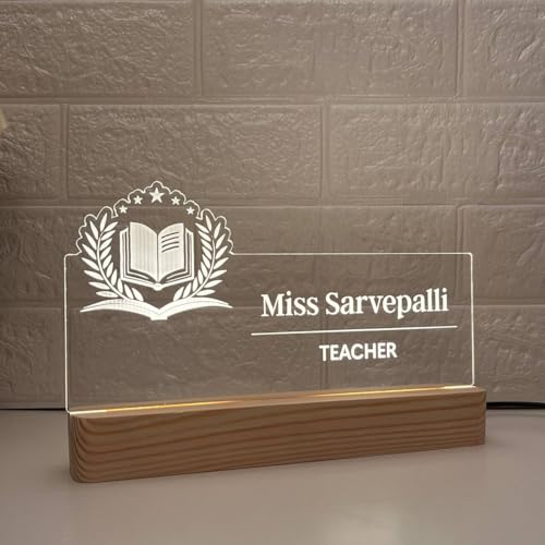 Image of Personalized Acrylic Desk Name Lamp for Teacher's Day | Custom Sign for Best Teacher Ever LED Light with Name, Designation & School Logo | Principal, Professor, Lecturer, Tutor, Mentor Appriciation Gift | Best for Birthday, Promotion, Farewell, Retirement (10 x 6 inch) (For Teacher)