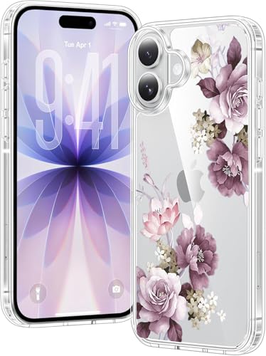 Image of Elzzi Transparent Flower Cover for iPhone 17 Case Shockproof Floral Design Full Camera Protection Shockproof PC+TPU Covers for Girls & Women (Deep Purple)