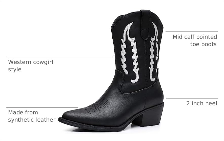 Image of GLOBALWIN Women's Square Toe Cowgirl Boots Classic Mid-Calf Cowboy Boots With Embroidered Stitching Low Heel Comfortable Western Boots For Country Outfits