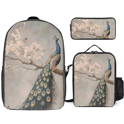 Peacock Cherry Blossoms Classic Backpack Lunch Bag Pencil Case 3 Piece Set Travel Daypack
