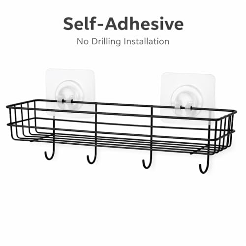 Image of DecorTwist Bathroom Organiser Without Drill | Self Adhesive Wall Shelf Rack | Rustproof Metal | Shampoo Holder for Bathroom | Wall Mounted Storage with Hooks | Kitchen Laundry | 28 cm (Pack of 2)