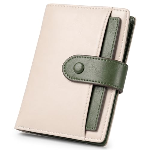 Image of Alldaily Small Slim RFID Blocking Leather Wallet for Women, Bifold with 10 Card Slots and Coin Pocket (Cream&Olive Green)