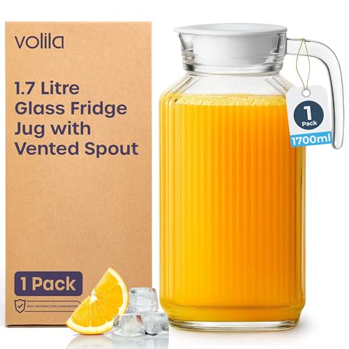 Carafe à eau en verre de 1,7 l avec couvercle – Pichet à eau transparent avec design nervuré et poignée pour étagère de réfrigérateur et utilisation quotidienne avec bec ventilé – Jus, piques et