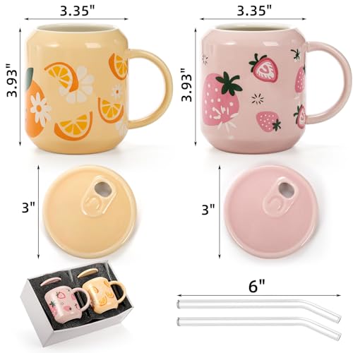 Noamus 2 Pack Cute Ceramic Mugs with Lid and Straw, 13 Oz Fruits Pattern Coffee Cup with Handle, Handmade Strawberry Orange Tea Cup for Office Home, Hot Ice Water Chocolate Milk, Women Gift by Noamus - Used condition - Image 2