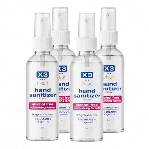 X3 Clean Hand Sanitizer Spray, Alcohol Free, Fragrance Free, Kills 99.9% of Bacteria, Travel Size 2 oz (Pack of 4)