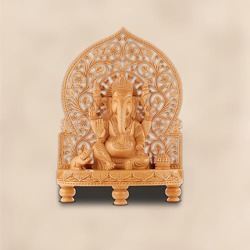 Image of Wooden Ganesh Idol /Handcraft Floral Carving Ganesh Murti /Wooden Ganesha Statue for Home Decor /Ganpati Murti for Home Temple, Pooja Room, Office & Festive Gifting (10.5 Inch)