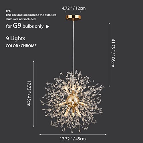 Gold Modern Crystal Chandeliers Pendant Lights Fixtures, 9 Light Semi Flush Mount Ceiling Light Fixtures, Dandelion Firework Gold Chandelier For Dining Room - G9 Sockets(Not Including Light Bulbs) #TOP2