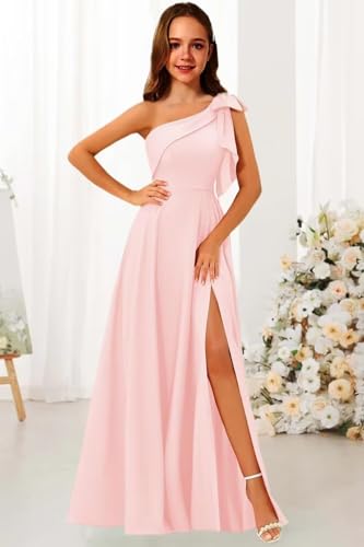 One Shoulder Junior Bridesmaid Dresses with Bow Satin Flower Girl Dress Formal Wedding Birthday Party Gown AI0183