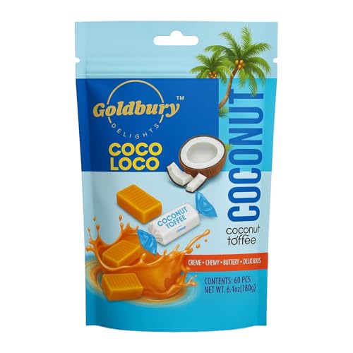 Goldbury Delights Coco Loco Coconut Toffee, 6.4 oz (Pack of 1) - Creamy, Buttery, and Delicious Individually Wrapped Chewy Coconut Toffee Candy, Ideal for Party Favors, Birthdays & Special Occasions