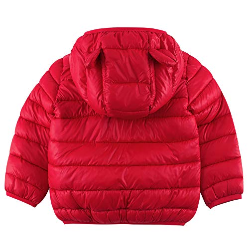 Baby Boys & Girls Down Alternative Winter Warm Hoodie Jacket Coats Cute Red Padded Light Puffer Jacket Coat for Snow Rain or Cold Weather 2-3 Years Old