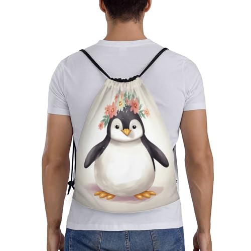 Penguin Wearing Flowers Drawstring Backpack for Men Gym Bag String Bag Waterproof Drawstring Bag for Women Swim Bag Small2