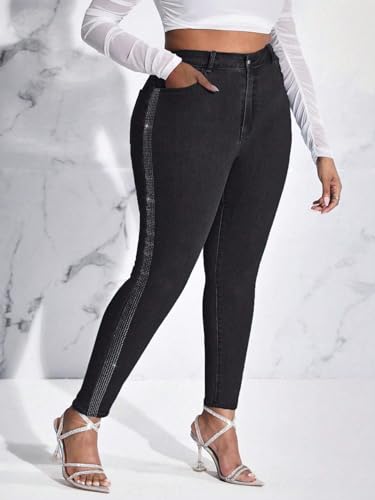 Women's High Waist Skinny Jeans Side Rhinestone Shaping Butt Lifting Denim Pants Black4