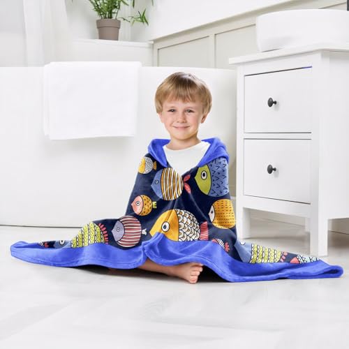 Image of Shark Boys Beach Towel with Hoodie for Kids Toddlers Age 4-8,Shark Blue Bath Towels Shower Wrap for Boys, Hooded Poncho Beach Blanket for Pool Swimming Cute Wearable Bath Towel for Child