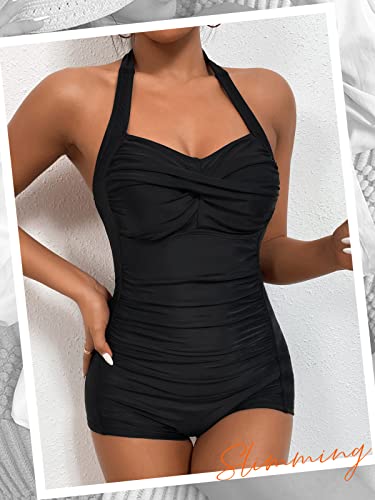 Molybell Boyleg Ruched Swimsuit Tummy Control Solid Monokini Boyshort Swimsuit Halter Vintage Bathing Suit Athletic Training One Piece Swimwear thumb #1