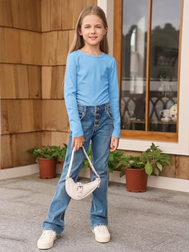Image of Haloumoning Girls Long Sleeve Shirts Crewneck Ruched Side Slim Fit Tops Ribbed Knit Casual Tee Shirt 4-15 Years