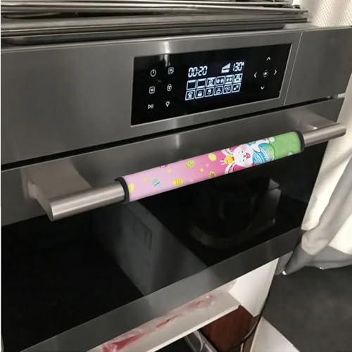 Image of Fridge Door Handle Covers Set of 6 Kitchen Appliance Decor Handles Glove Anti-Slip Protectors Easter Refrigerator Decor Accessories, White Bunny Daisy Easter Eggs Print Pink