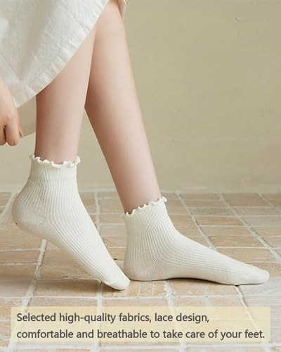 Image of Women Ruffle Ankle Socks Cute Frilly Socks Solid Color Casual Soft Cotton Knit Sock Lettuce Frilly Crew Socks 6 Pair