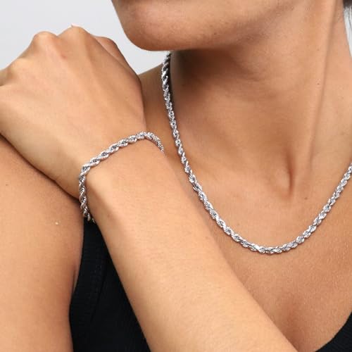 Nuragold 10k White Gold 4mm Rope Chain Diamond Cut Bracelet (7"-9") Italian Jewelry for Men & Women4