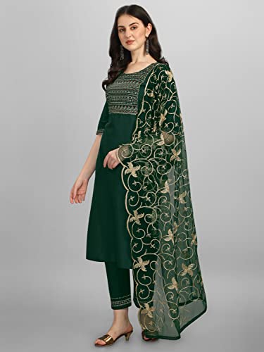 Image of VredeVogel Women Cotton Slub Straight Kurta Set With Pant and Net Embroidery Dupatta