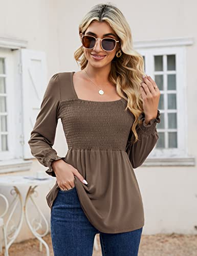 Lomon Blouses For Women Puff Long Sleeve Shirts Square Neck Cute Casual Smocked Tunic Tops Spring Fall Winter (Khaki, S) #TOP1