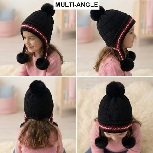 Image of Kraptick Children's Winter Cap: Velvet Thick Warm Woolen Knit Hat with Ear Protection for Children Stylish Korean Beanie with Long Pompom Ears & Fleece Lining Perfect for Winter -4