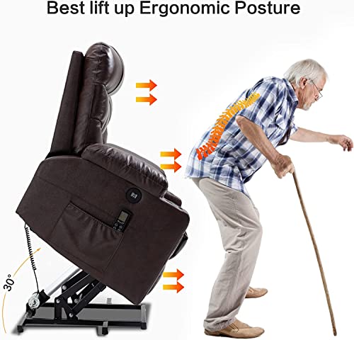Genuine Leather Lift Recliner Chair For Elderly With Massage And Heat, Ergonomic Lounge Chair For Living Room Classic Single Sofa With 2 Side Pockets And Cup Holders, Usb Ports （Brown） #TOP3