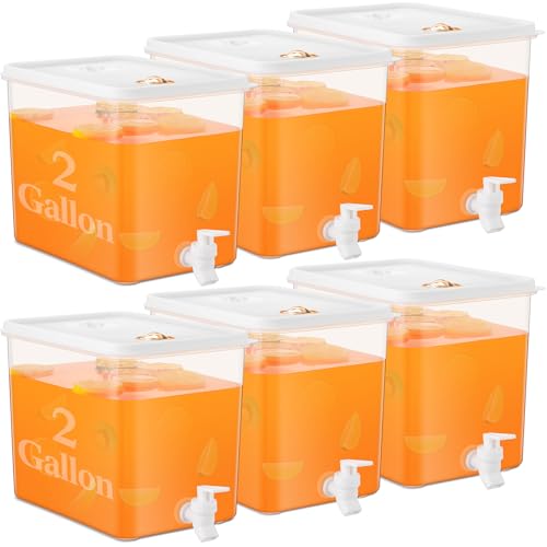 Image of Domensi 6 Pack 2 Gallon Drink Dispenser for Fridge with Spigot Water Dispenser Leak Proof Lids Filter Screen Beverage Juice Container Sealed Plastic Lemonade Milk Cold Hot Drink Tea Jug for Party