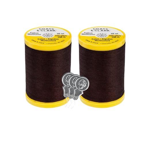 Coats & Clark Cotton All Purpose Sewing Thread 100% Mercerized Cotton 225 Yards Each Spool S970 2 Pack Bundle with 3 Bellas Crafts Needle Threaders (Chona Brown)