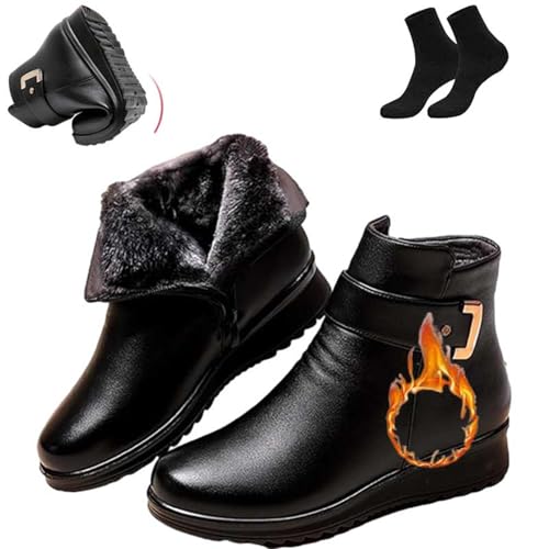 Bottes orthopédiques en cuir véritable avec boucle en métal pour femme, antidérapantes, bout rond et fermeture éclair latérale, bottes d'hiver chaudes en velours