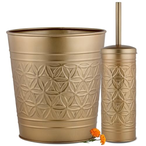 Image of Autumn Alley Farmhouse Antique Gold Bathroom Accessories Set - Includes Gold Bathroom Trash Can & Toilet Brush with Holder, Handcrafted Modern Waste Bin & Standing Toilet Brush, Embossed Metal Decor