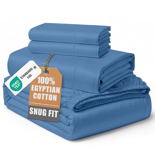Image of LANE LINEN Cooling Sheets Queen 100% Egyptian Cotton Sateen - Blue Jasper
