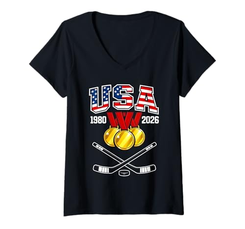 Women's 1982 2026 Hockey Vintage USA Crossed Sticks Patriotic V-Neck T-Shirt