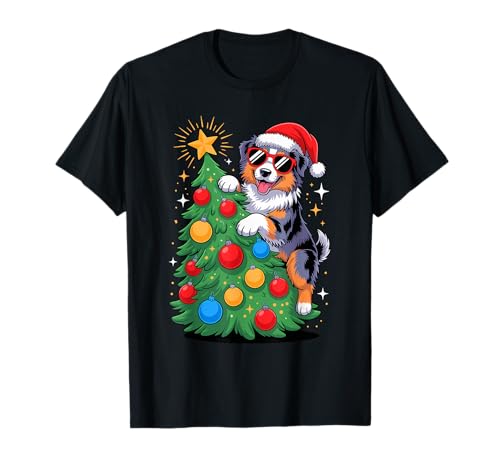 Christmas Tree Australian Shepherd Sunglasses Aussie Dog T-Shirt