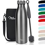 Milu Edelstahl Trinkflasche 500ml, 750ml, 1000ml – Thermosflasche, Isolierte Wasserflasche, Auslaufsichere Isolierflasche doppelwandig, Kohlensäure geeignet – inkl. Reinigungsbürste (Grau, 500ml)