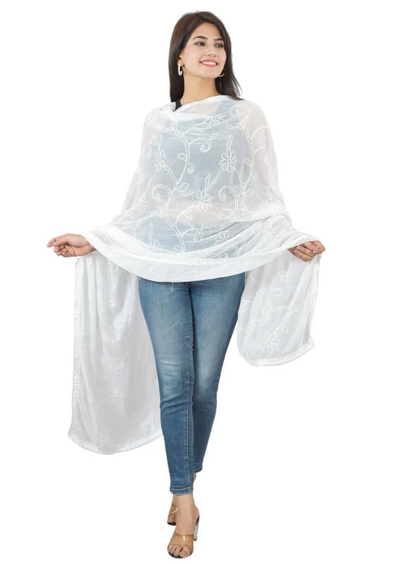 Vrnda Chikankari Dupatta for Women Embroidered COTTON Dupatta Scarf for Women (Length: 2.2 meters, Colour : White)2