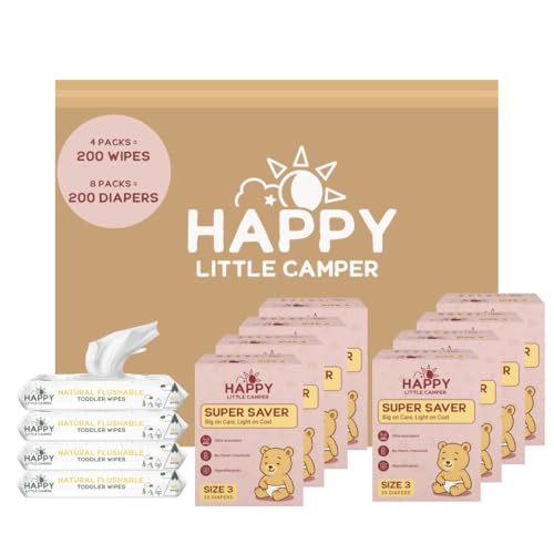 Image of Happy Little Camper Ultra-Absorbent Super Saver Baby Diapers Size 3 - Hypoallergenic, Unscented & Chlorine-Free Disposable Diapers (200 Count) Come with Flushable Wipes (200 Count) for Sensitive Skin