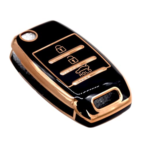 Image of KMH TPU Gold Car Smart Key Cover Compatible for Kia Seltos and Sonet 3 Push Button Smart Flip Key Shell Case Holder, Full Key Protection (Black Gold) Pack of 1