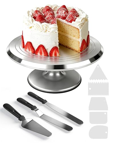 LAOYE Plato Giratorio para Tartas de Aluminio 30 cm, Base Giratoria Profesional para Decoración de Pasteles con Rodamientos Suaves, Incluye 5 Espátulas de Repostería y 3 Paletas