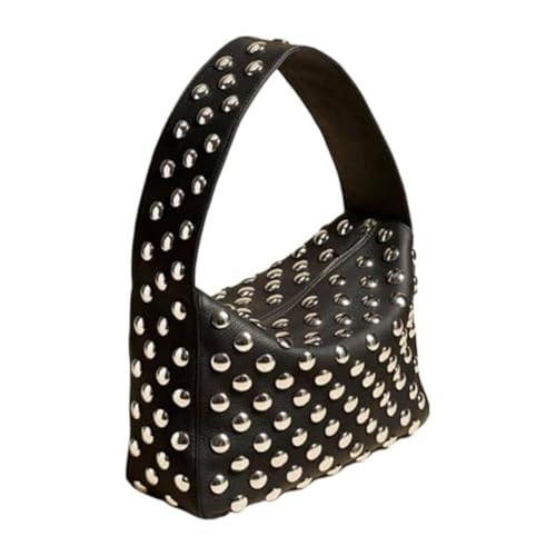 Women Leather Shouder Purse Y2k Rivet Bag Rivet Studded Black Clutch Purse Pleated Studded Handbag