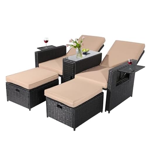 VUYUYU 5PCS Outdoor Wicker Chaise Lounge Chair - Rattan Adjustable Reclining Patio Lounge Chair with Ottoman and Coffee Table, for Patio Beach Pool Backyard (Black Wicker Khaki Cushion)