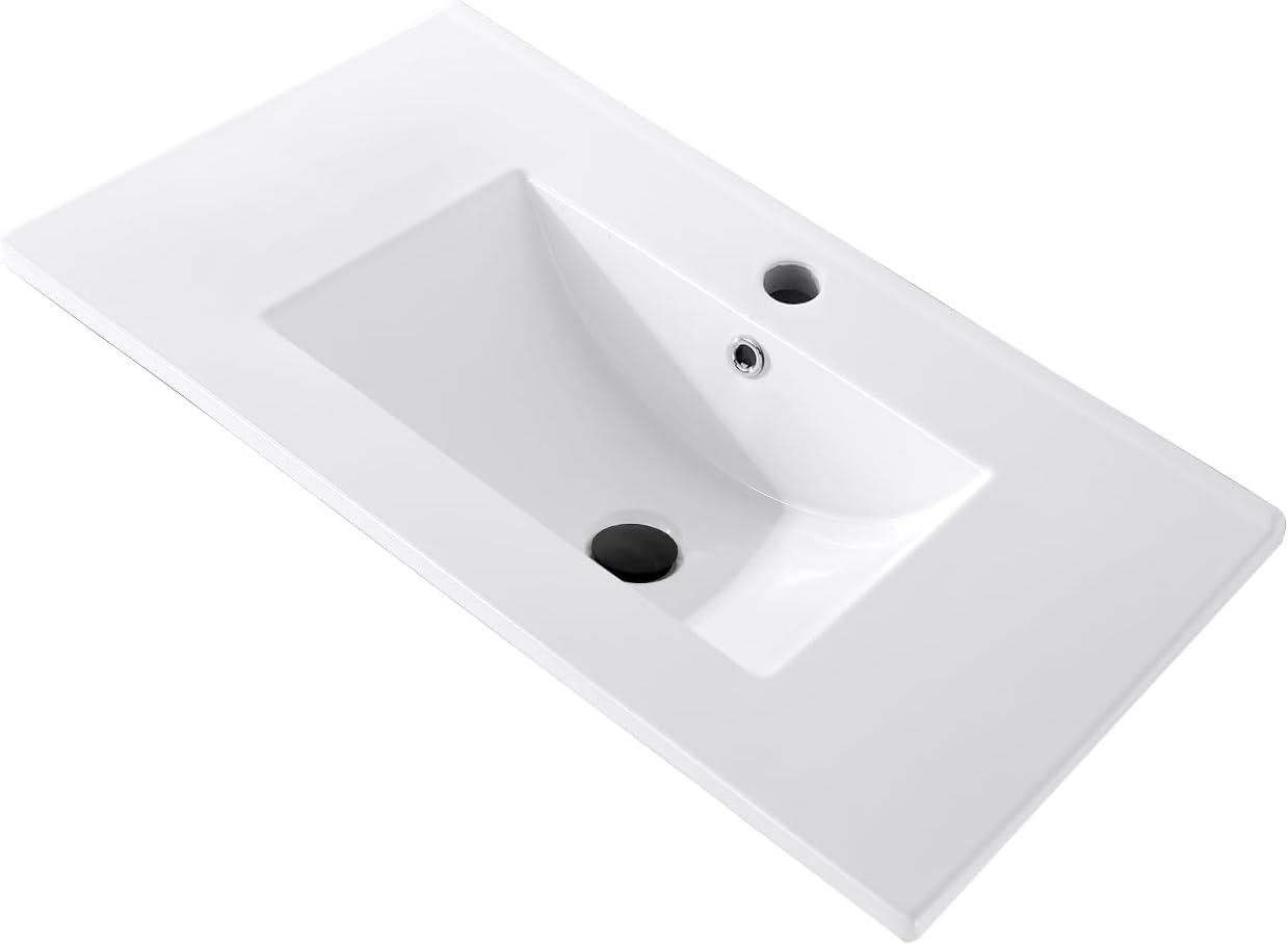 30 in. W x 18.3 in. D Bathroom Undermount Ceramic Sink Top W/One Hole, Drop in Bathroom Vessel Sink Rectangle, Without Matte Black Faucet & Pop up-Drain, for Bathrooms, White