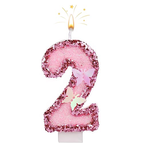 2.7 Inch Birthday Number Candles, Pink Number Candles Cake Topper Butterfly Birthday Candles with Sequins Glitter for Anniversary Celebrations Supplies (Number 2)