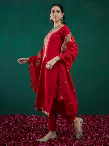 Image of INDO ERA Women's Embroidered Silk Blend Straight Kurta & Palazzo With Dupatta Set (RRRRR9584)