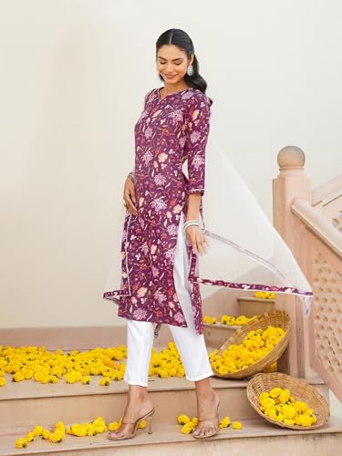 Image of Vaamsi Women's Printed Floral Kurta Trousers With Dupatta (VKSKD1712 L Purple)