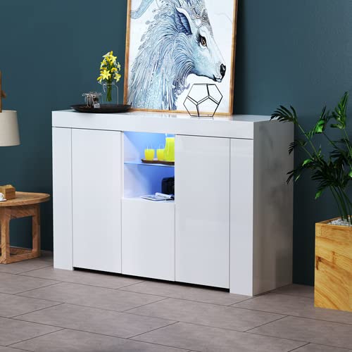Aline Modern Furniture Accent Console Entry Cabinet Shoes Storage With Doors - White Sideboard, High Glossy Panel, Led Light #TOP2