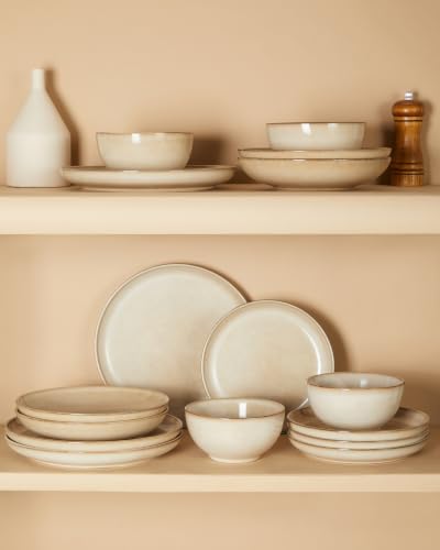 Image of Pokini 24 Piece Dinnerware Sets for 8, Modern Stoneware Plates and Bowls Setst, Perfect for Family Gatherings & Holiday Celebrations, Easy Cleaning Dishes Set, Stack Compactly Dishware, Mocha Beige