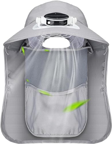 Solar Fan Sun Cap, Fishing Hat with Fan, Wide Brim Outdoor UPF 50+ Sun Protection with Detachable Neck Flap and Face Mask for Man and Women Outdoor Sport Travel Camping, UV Protection Hat, Grey