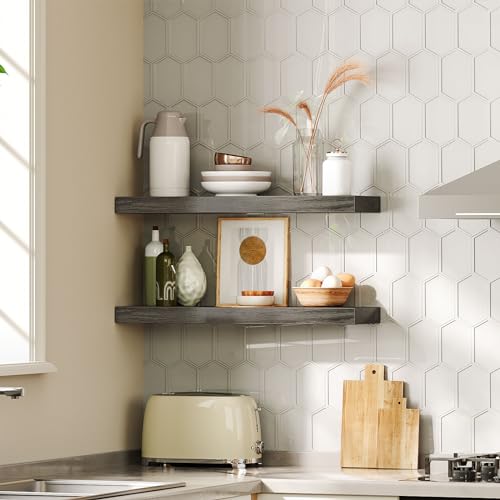 Image of HOOBRO Floating Shelves for Wall, Wall Mounted Shelf Set of 2, 23.6 inch Hanging Shelf with Invisible Brackets, for Wall Decor Storage in Bathroom Bedroom Kitchen Livingroom Office, Charcoal Gray BC60BJ01
